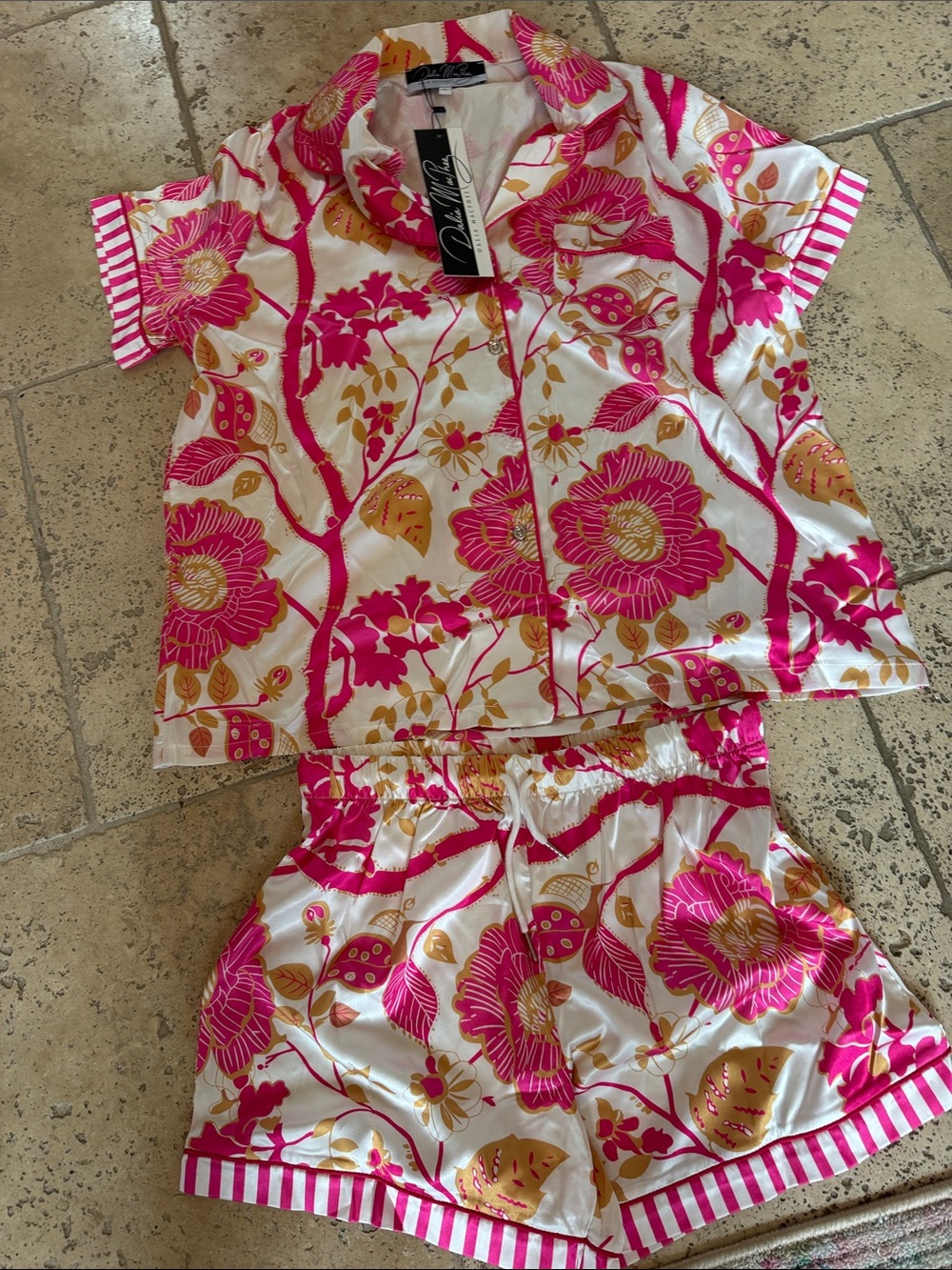 NWT DALIA MACPHEE Satin Floral Print Pajama Shirt & Shorts Set Women’s Size L